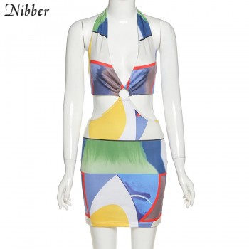 Nibber Club Wild Contrast Hollow Out Woman Dresses Summer Sexy Bodycon Patchwork Streetwear Casual Low-cut Halter Beach Dress